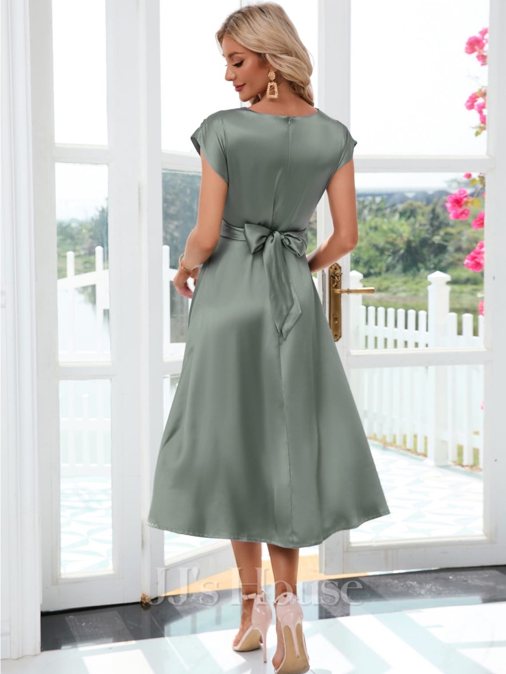 NWT JJs House women's Midi dress sz L Celadon Satin green (C) - Picture 3 of 5